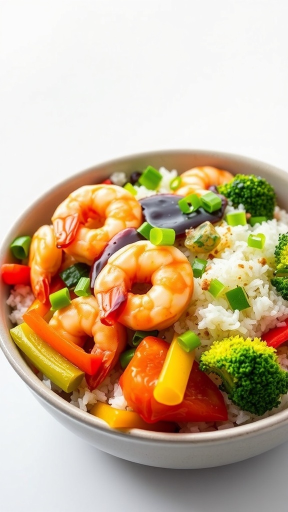 Air fryer shrimp rice bowl with shrimp, rice, bell peppers, and broccoli, garnished with green onions.